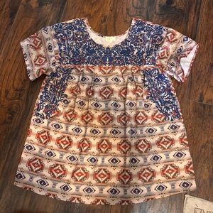 Cream Short-Sleeve Aztec Print Blouse with Blue Embroidered Yoke